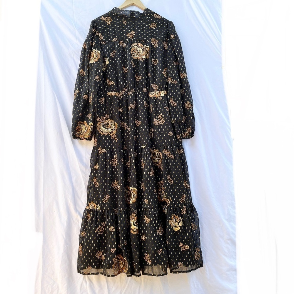 EXPRESS | BLACK METALLIC FLORAL EMBROIDERED TIERED TIE NECK MIDI DRESS XL - Picture 15 of 15